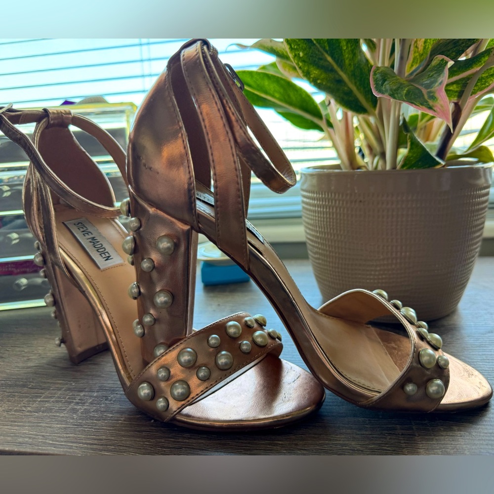 Steve Madden rose gold pearl studded chunky heel sandals, wedding/ prom shoes